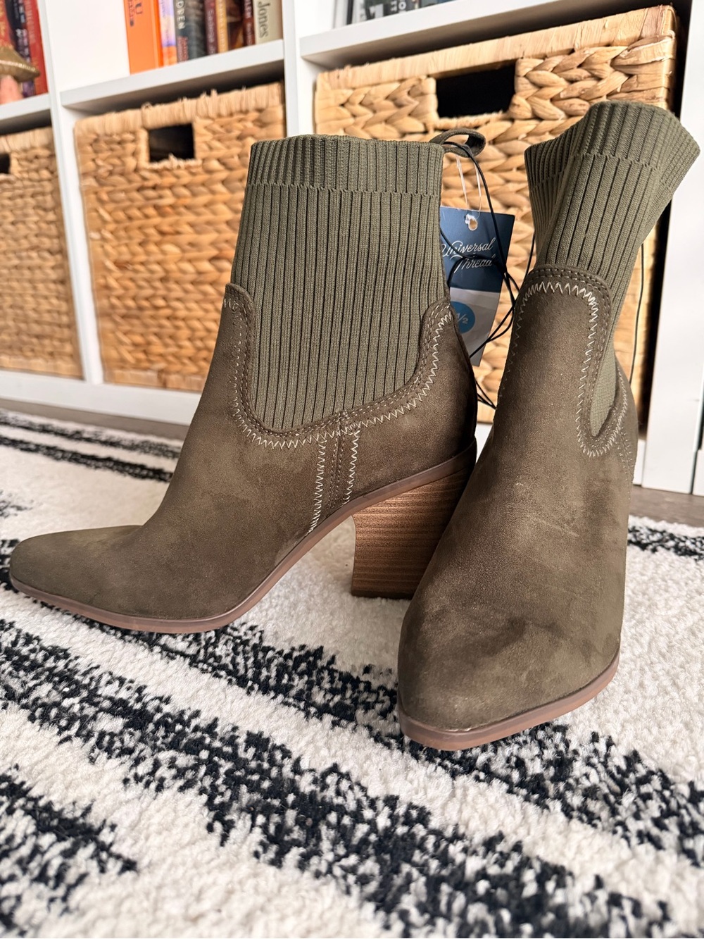 Universal Thread Women's Olive Suede Sock Ankle Boot - Block Heel size 7.5